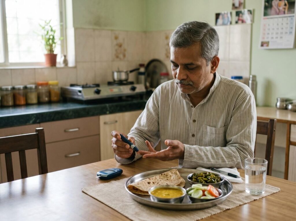 An old man checking his Blood Sugar level