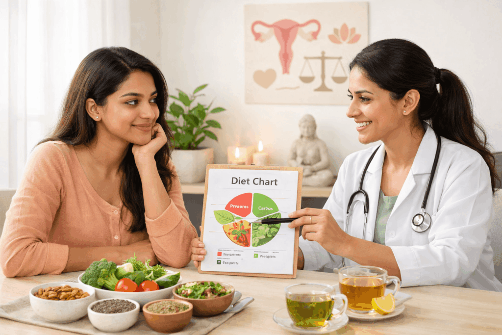 A woman consulting about her PCOD with Nutritionist