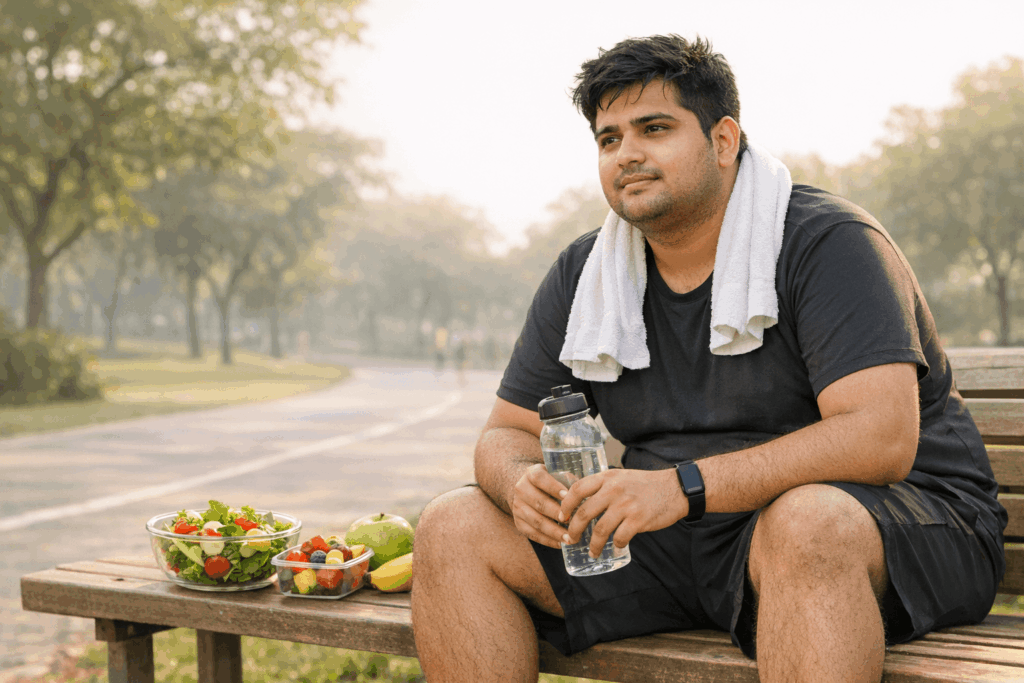 An Overweight person tying to control his lifestyle